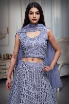 Light Lilac Heavy Stone Work Embellished Crop Top Lehenga With Same Colour Dupatta