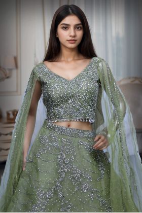 Olive Green Pre Wedding Lehenga With Net Extended Cape Sleeve