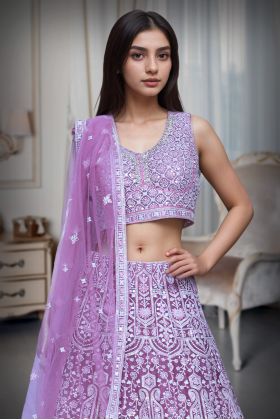 Rose Pink Heavy Stone Work Embellished Crop Top Lehenga With Same Colour Dupatta
