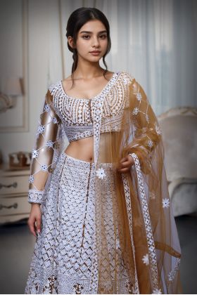 White Threadwork Embellished Dark Ochre Pre Wedding Lehenga