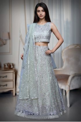 Lemon Yellow Net Lehenga With Threadwork And Stone Work Details And Same Colour Dupatta