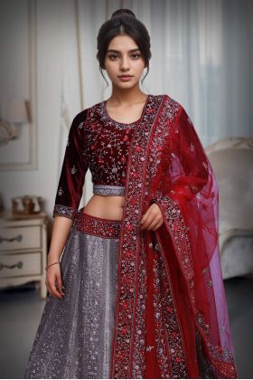 Maroon And Golden Bridal Lehenga With Golden Threadwork Details And Maroon Color Dupatta