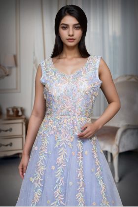 Light Lavender Net Gowm With Multi Color Threadwork Details