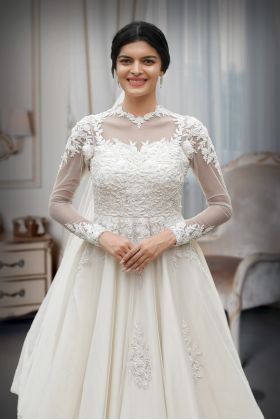 White Lace Worked Christian Bridal Gown With High Neck And Cut Lace Work On Shoulders