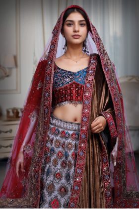 Multicolor Velvet Lehenga With Blue And Red Combination Blouse Along With Multicolor Threadworked Skirt And Double Dupatta
