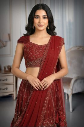 Blood Red Heavy Embellished Lehenga With Golden Threadwork Details on Blouse and Skirt Along With Same Color Dupatta
