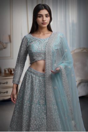 Pastel Blue Net Lehenga With Stone Work Detailing With Crop Top Blouse And Same Color Dupatta