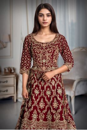 Heavy Zardosi Handworked Velvet Tailed Anarkali Lehenga With Same Colour Dupatta