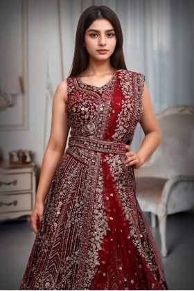 Blood Red Net Lehenga With Stone Work Detailing With Crop Top Blouse And Same Color Dupatta