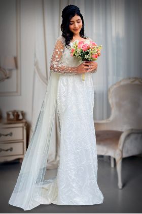 Off White Mermaid Christian Bridal Gown With Rich Lace Work Details
