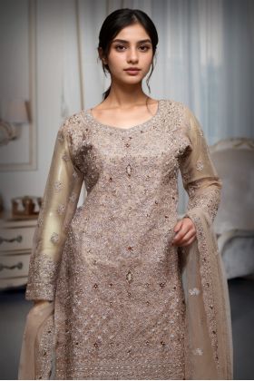 Golden Beige Bridal Sharara With Stone Work Details And Same Color Dupatta