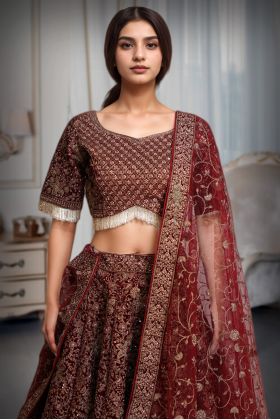 Red Heavy Handworked Bridal Lehenga With Golden Embellishments All Over The body And Beads Hanging In Waistline And Sleeve