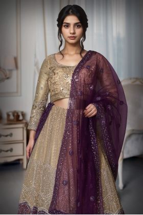 Metallic Golden Heavy Embellished Bridal Lehenga With Golden Stone And Purple Details On Skirt And Dupatta