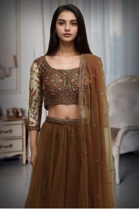 Coffee Brown Minimal Net Lehenga With Handwork Details And Same Color Dupatta