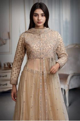 Beige Net Gown With Stone Work Embellishment And Same Color Dupatta