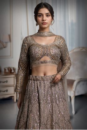 Golden Heavy Embellished Bridal Lehenga With Golden Stone Details On Skirt , Crop Top And Dupatta