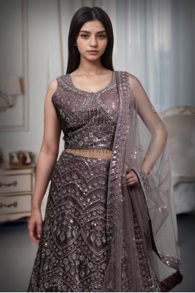 Purple Net Lehenga With Intricate Stone Work And Threadwork Details