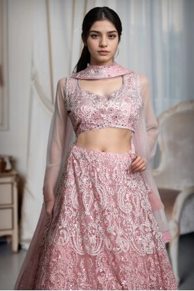 Baby Pink Pre Wedding Lehenga With Intricate Stone Work Details Along With Same Color Dupatta