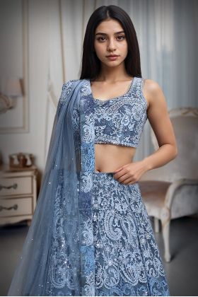 Light Blue Net Lehenga With Ombre Shade Details Over Skirt With Crop Top And Same Color Dupatta