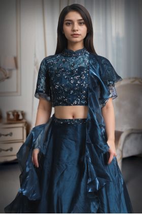 Dark Blue Frilled Lehenga With Stone Worked Crop Top Along With Frilled Dupatta