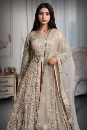 Pastel Peach Anarkali Lehenga With Exquisite Threadwork details