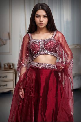 Cherry Red Pre Wedding Lehenga With Exquisite Stoneworked Crop Top Along With Same Color Dupatta