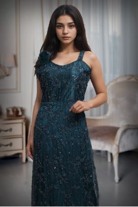 Teal Blue Intricate Sequin Detailed Mermaid Cut Pre Wedding Gown