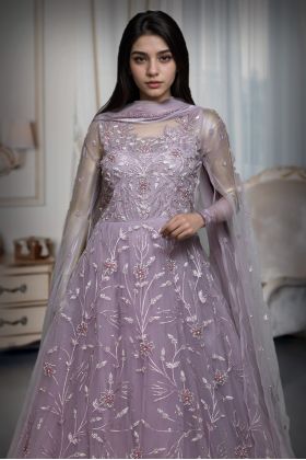 Light Lavender Heavy Threadwork Embellished Bridal Gown  With Long Cape Sleeve