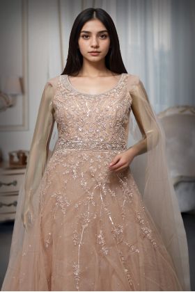 Beige Heavy Threadwork Embellished Bridal Gown  With Long Cape Sleeve