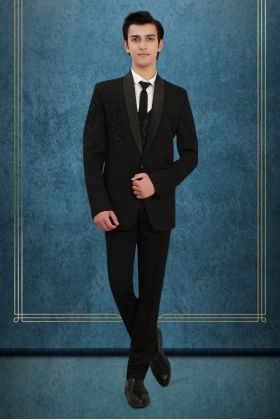 Elegant Black Three-Piece Suit with Embroidered Detailing