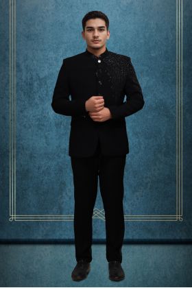 Men’s Black Bandhgala Suit with Sequined Shoulder Embellishment