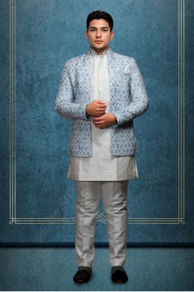 Men's White Kurta with Sky Blue Brocade Nehru Jacket