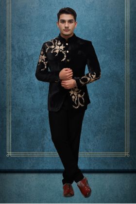 Men&rsquo;s Black Velvet Bandhgala Suit with Golden Floral Embroidery