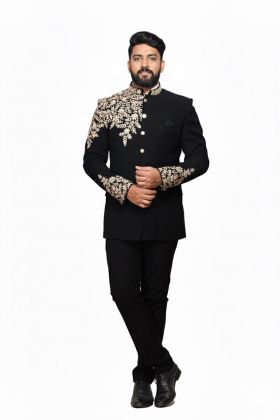 Men&rsquo;s Black Bandhgala Suit with Golden Leaf Embroidery