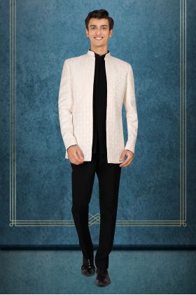 Men&rsquo;s Cream Textured Indo-Western Jodhpuri Jacket with Black Kurta and Trouser Set