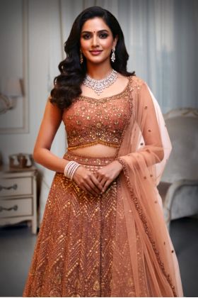 Rust Brown Lehanga with zari embroidery sand sequin work details