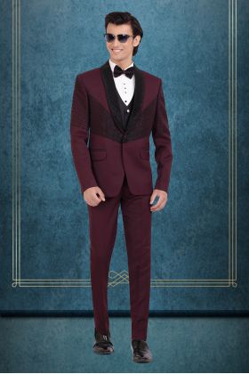 Wine Maroon Embellished Tuxedo Suit with Satin Lapel & Bow Tie