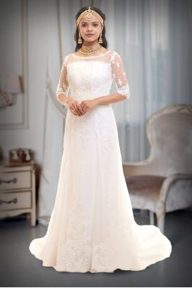 White mermaid style gown with applique and bead work details