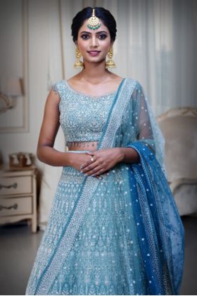 Sea Green Heavy Embroidered Bridal Lehenga with Sequins and Thread Work