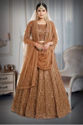 Golden Brown Handworked Bridal Lehenga With Intricate Embroidered Crop Top And Threadworked Dupatta