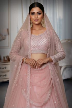 Blush Pink Net Lehenga with Zari and Crystal Embellishment