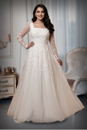 Elegant White Gown with Sheer Sleeves and Intricate Floral Embroidery.