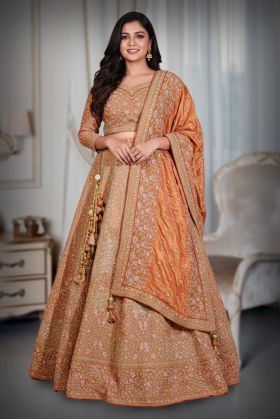 Tangerine Orange Handworked Bridal Lehenga With Intricate Embroidered Crop Top And Threadworked Dupatta