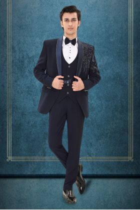 Dark Blue 3 Pc Designer Tuxedo With Handwork Details On Left Shoulder