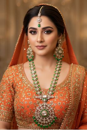 Emerald And White Stone Droplet  Stone Work Long Neck Set