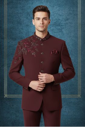 Wine  Indo Western Jodhpuri  with Floral Embroidery