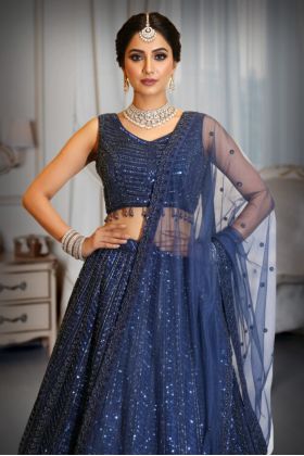 Midnight Blue Sequin and Bead Embellished Gown with Tulle Dupatta