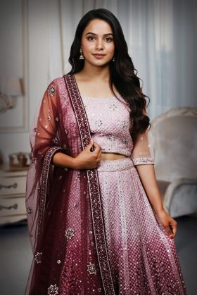 Pastel Mauve Heavy Embellished Bridal Lehenga With Golden Stone And Purple Details On Skirt And Dupatta