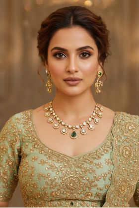 Luxurious Necklace Set With Alternating Rectangular And Pear Shaped Green Gems Outlined With Brilliant Sparkling Diamond Simulants For Glamour