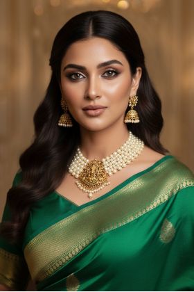 Radiant Gold Temple Necklace Enhances Traditional Bridal Elegance With Intricate Craftsmanship And Timeless Detailing Creating A Majestic And Graceful Wedding Look